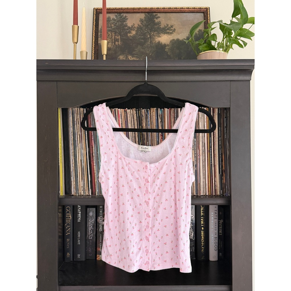 Balletcore Coquette Rose Floral Pointelle Knit Tank M Pink Lace Trim Button Cami